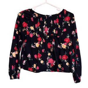 Old Navy Girls XL 14-16 Black Floral Pintuck Long Sleeve Boho Blouse Top